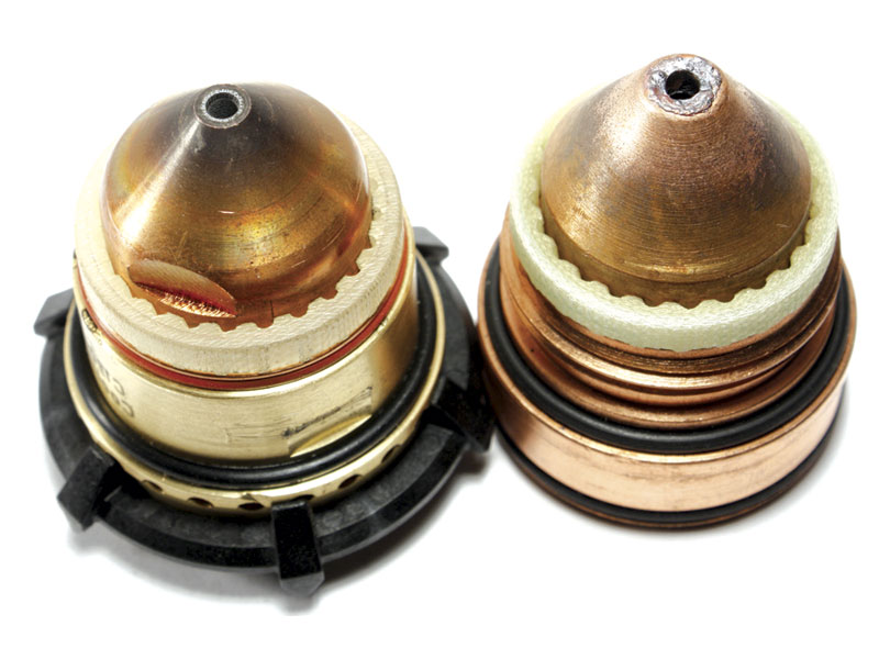 Nozzles need to be replaced when the orifice is nicked and out of round, as seen on the right.