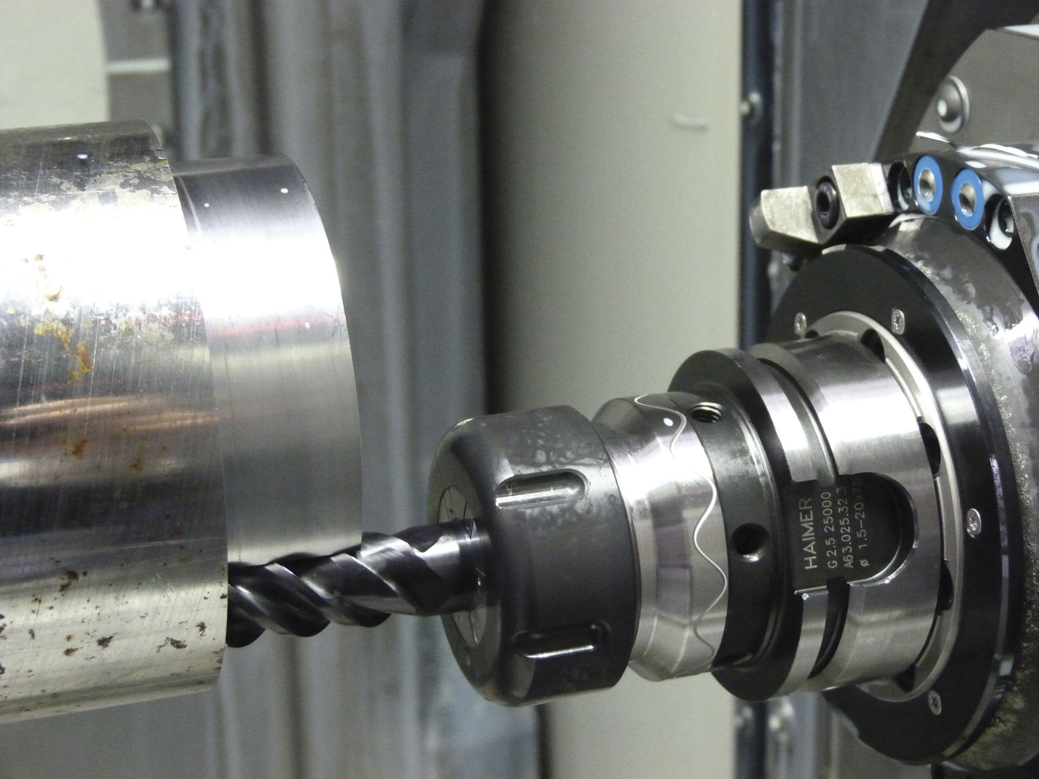 Haimer's Power collet chuck with Safe-Lock technology machines a part with no fear of tool pull out.