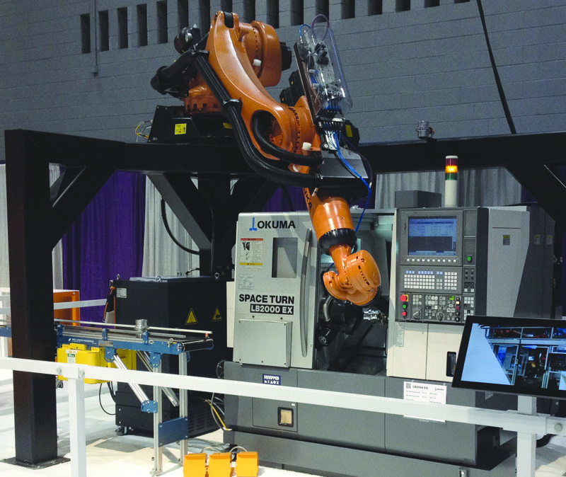 An ABB robot on  an Okuma machine. Robots reduce operating costs and increase production. Image: Okuma