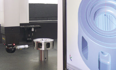 Versatility and flexibility are important for shop floor CMMs. Seen here, Renishaw's SP25 probe measuring a part and the associated image seen on computer screen at right.