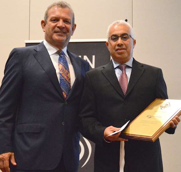 John Marinucci, left, chairman of the CWB Group Board of Directors, presents Emad Assaad, engineering and welding specialist, Roll Form Group, with the Productivity Award. The 2014 Productivity Award was presented to Roll Form Group because of its investment and conscious effort to increase efficiencies and productivity of their operations. 