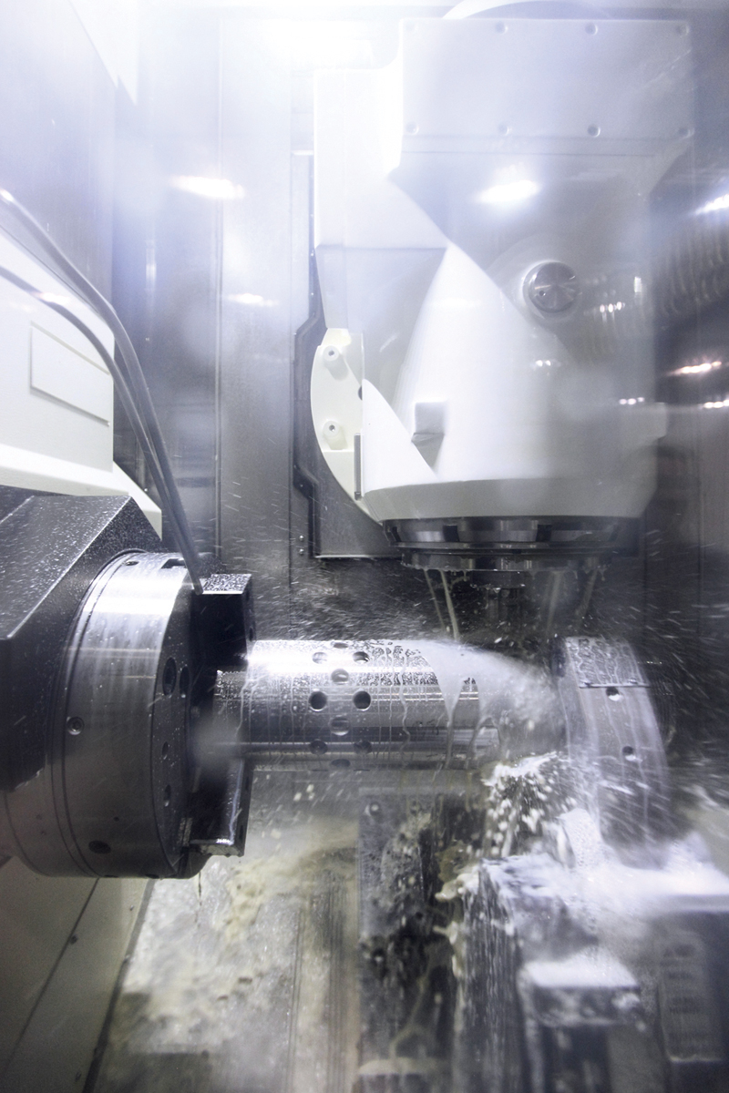 One of the e-500 Mazak machines in the Pioneer line machining a part. Most components are made from heat treated steels, as well as some exotics, such as Inconel and magnesium.