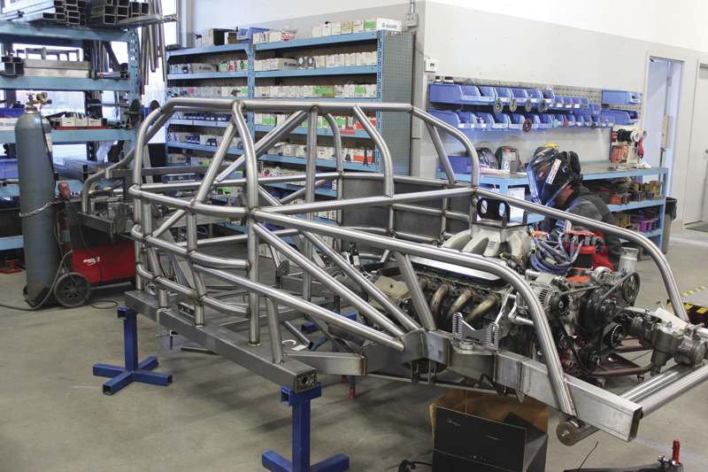 The welded main chassis being assembled. McColl Racing Enterprises builds 20 to 25 racing cars a year.