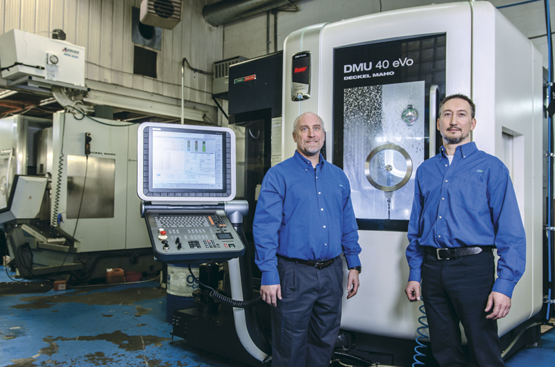 SMP Tech owners Alain Lacombe, left, and Sébastien Baril, right. The company purchased more Rego-Fix tooling for five axis and for milling to increase its machining flexibilty.