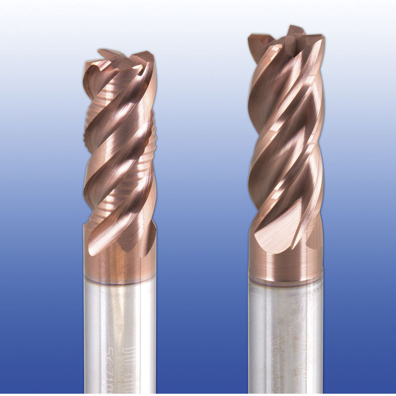 Iscar end mills. Tom Hagan, milling product manager, says a better alternative to carbide for hard milling for finishing is PCBN, which is more expensive, but provides six to seven times the tool life compared to carbide