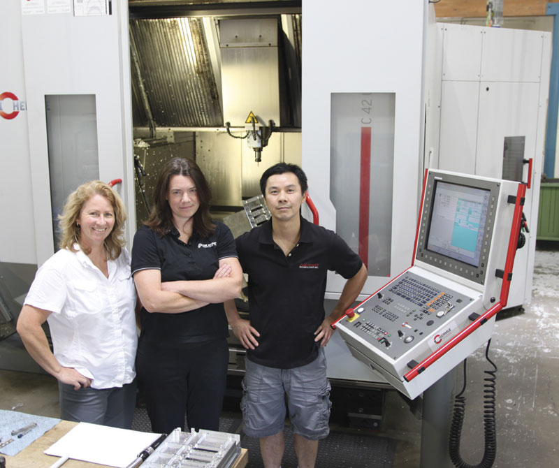 Bottom from left: Patricia Zum Hingst, Kim Sheldon, and Rick Wong, machinist/programmer.