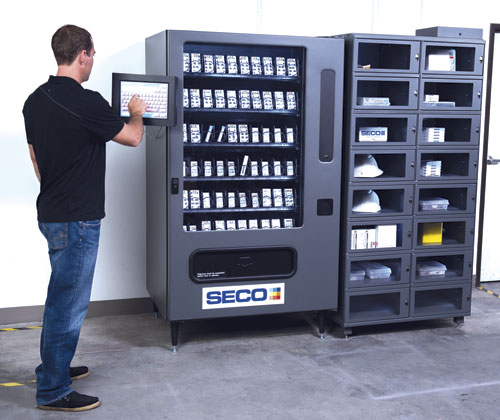 TMS stations come in a variety of shapes and sizes. This shop has vending machines, cabinets with slide out drawers, and locker-style units for larger items. Image: Seco Tool
