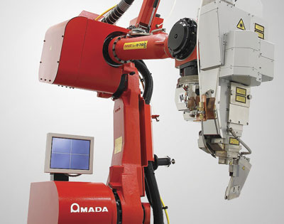 Amada America's fiber laser welder FLW 4000 M3. The system is equipped with a patented rotating lens that makes it possible to bridge larger and uneven gap sizes while producing a clean weld.