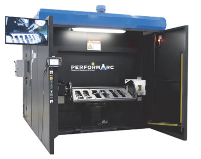 Miller's PerformArc PL1100HW laser welding cell. The high production, small footprint system features a 1,524 mm (60 in.) span between the head and tailstock with 499 kg (1,100 lb) capacity on each side.