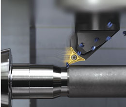 Turning away from the chuck with CoroTurn PrimeTurning offers an effectively positive lead angle, thinning the chip and reducing heat at the tool nose. Image: Sandvik Coromant