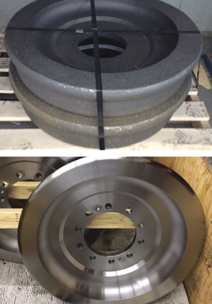 Before and after views of 4340 steel forged and heat-treated railroad car wheels. The process time was reduced by 30 per cent after implementing GC4305 inserts from Sandvik Coromant.