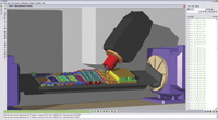Five axis machine simulation showing a head crash in red, due to the need for longer milling tool reach.  Image: CGTECH