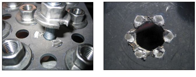 Figure 2 (left):  M8 Nut welded to 2mm boron. Figure 3 (right):  M6 Nut welded to 2mm boron.